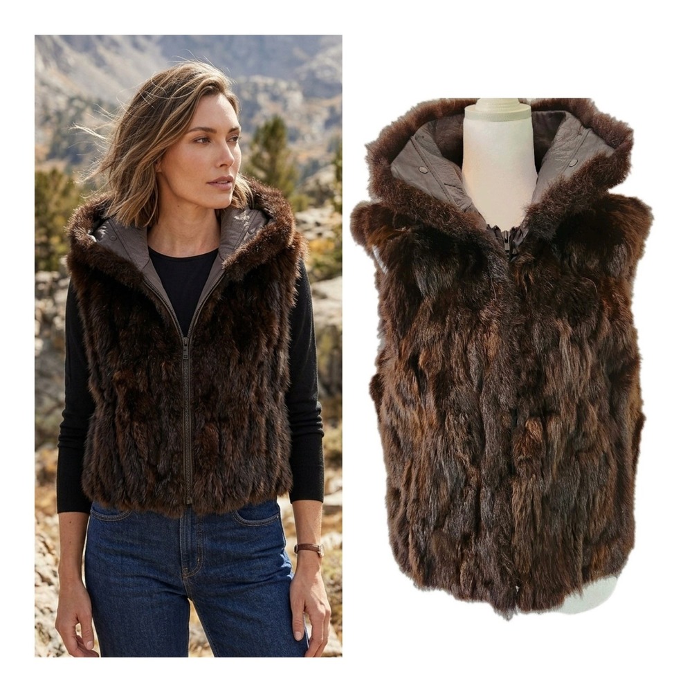 Vintage Fur Vest Women's New Zealand Opossum Leather Trim Sleeveless Full Zip